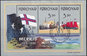Faroe Islands 207 (used cto minisheet) Merkid flag, lost ships (1990)