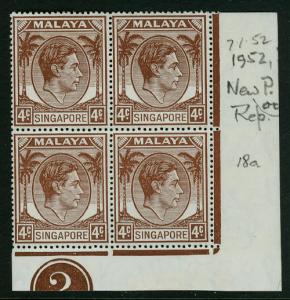 Singapore #    4a  Mint VF NH  LR imprint block of 4