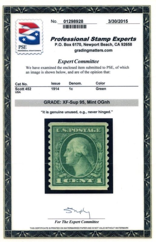 US SCOTT #452 MINT-XF-SUP-OG-NH GRADED 95 W/ PSE CERT SMQ $100 (8/1/24 GP)