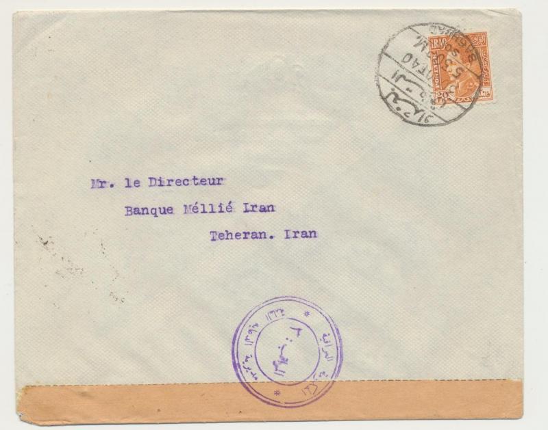 IRAQ 1940, COVER WITH SCARCE CENSOR LABEL TO TEHRAN, 20f RATED