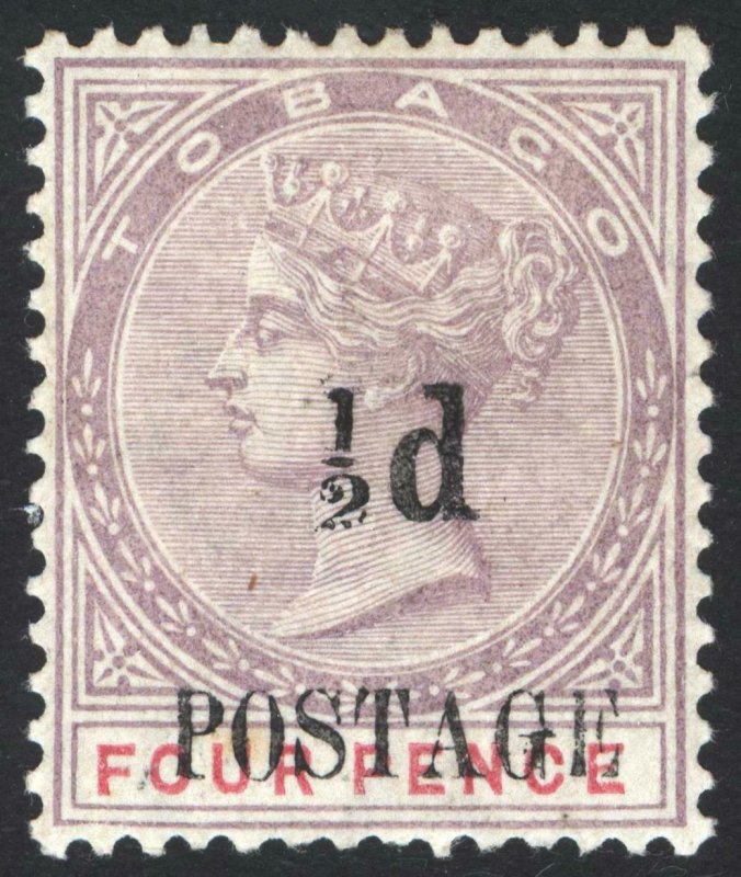 Tobago 1891 1/2d on 4d Lilac & Rose Revenue SG 33 Sc 31 LMM/MLH Cat £90($110)