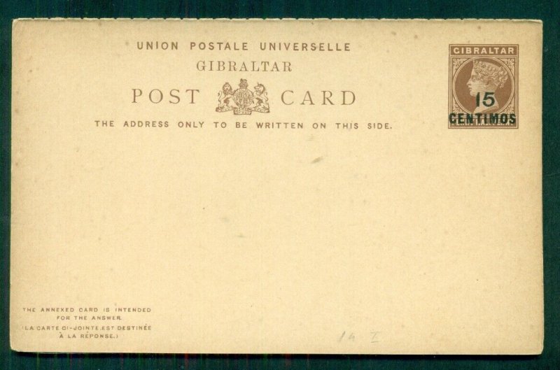 GIBRALTAR 1889, 15c on 1 ½p Double Card (H&G 14) unused, VF