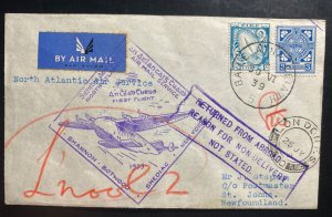 1939 Dublin Ireland First N Transatlantic Flight Cover To St Johns Newfoundland