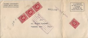 Forest Grove to Hammond, Or 1932 Business rely Envelope w/Postage Dues (51553)