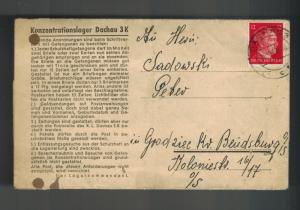 1943 Germany Dachau Concentration Camp KZ Letter Cover Peter Sadowski Bendsburg