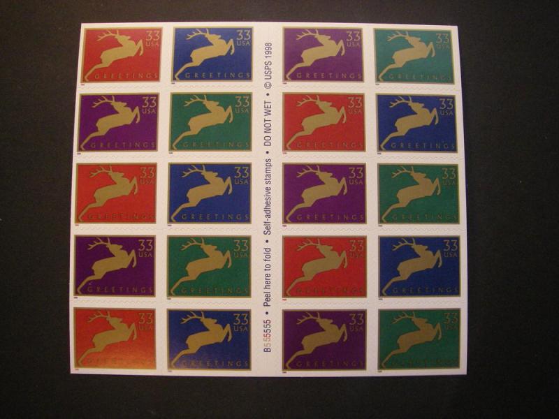 Scott 3363a, 33c Christmas Reindeer, Pane of 20, #B555555, MNH Beauty