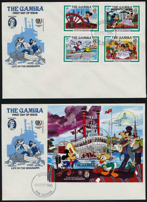 Gambia 560-9 on FDC's Disney, Mark Twain, Faithful John, Brothers Grimm