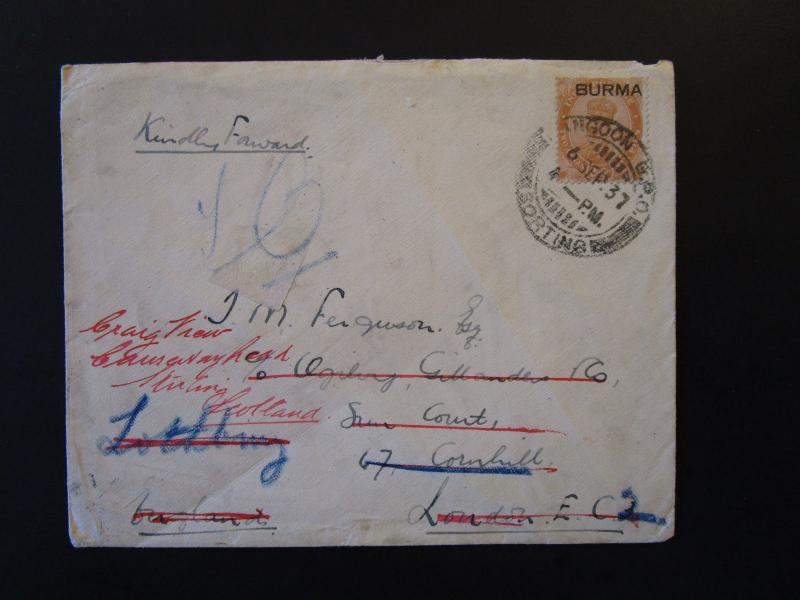 Burma 1937 Cover / Forwarded to Scotland - Z5146