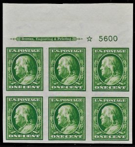 US 1911 Sc. #383 plate block of 6 with imprint & star XF NH