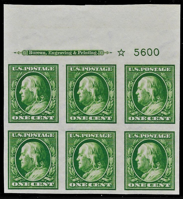 US 1911 Sc. #383 plate block of 6 with imprint & star XF NH