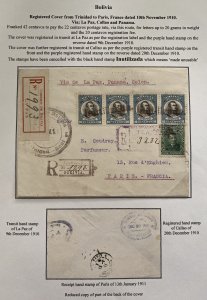 1910 Trinidad Bolivia Cover To Paris France Via Panama Unused Stamp Cancel