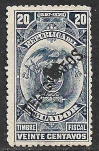 ECUADOR TELEGRAPH STAMPS 1897 20c Steel Blue Hiscocks No. 21 Used Punch Cancel