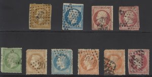 France Stamp Napoleon, Scott #14b, 15a, 19, 20, 24, 25a, 28, 29, 32, 35, Used.