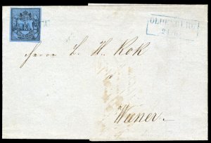 German States, Oldenburg #1 Cat$80, 1852 1/30th black on blue, on folded lett...