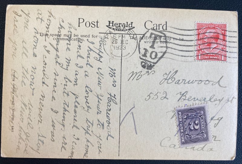 1923 Paisley England RPPC Postcard Cover To Winnipeg Canada Postage Due 