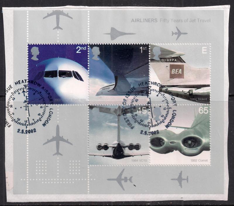 GB 2002 QE2 Jet Airliners Mini sheet used on paper ( M366 )