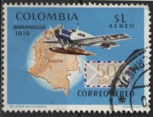 Colombia C514 (used) 1p map, plane, letter, “Barranquilla 1919” (1969)