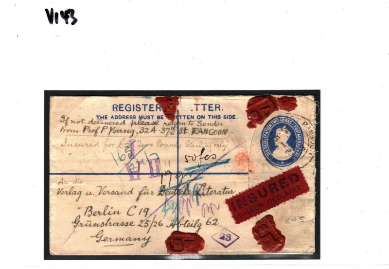 BURMA Cover *East Rangoon* REGISTERED INSURED Germany Berlin FRANKING 1922 GV143