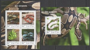 HM0382 2018 DJIBOUTI SNAKES REPTILES FAUNA #2532-5+BL1221 MNH