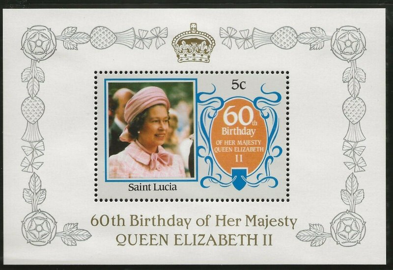 SAINT LUCIA1986 60TH BIRTHDAY QUEEN ELIZABETH II, 5c DELUX PERF SHEETLET 