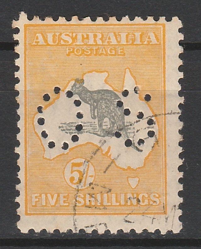 AUSTRALIA 1929 KANGAROO OS 5/- SMALL MULTI WMK CTO WITH ** GUM