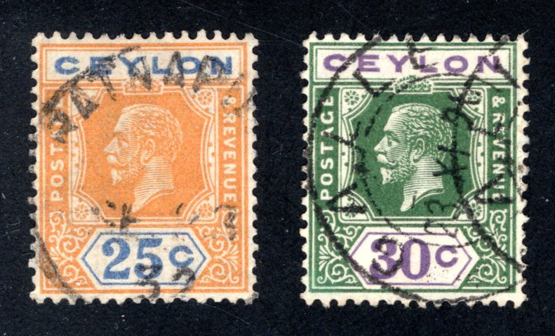 Ceylon #238a-239a,  F/VF, Used, CV $3.00 ....  1290199,1290202