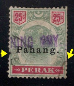 MALAYA-Pahang Scott 17 Used Scarce Tiger stamp Faulty Filler