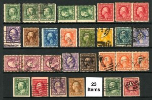 #331-#353 1908 Assorted 1908 Washington-Franklin Singles, Imperfs, Coils, M&U