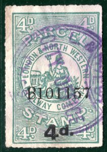 GB L&NWR RAILWAY Parcel Stamp 4d Green *CHESTER* CITY OFFICE Used BROWN143