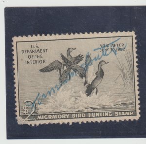 Scott # RW18 Used 1952 $  Federal Duck Hunting Permit Stamp Cat $15.corner thin