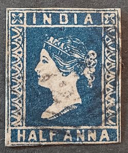 1854 India 1/2 Anna Indigo Die I, Used Mint Imperf, Hinged SG# 5