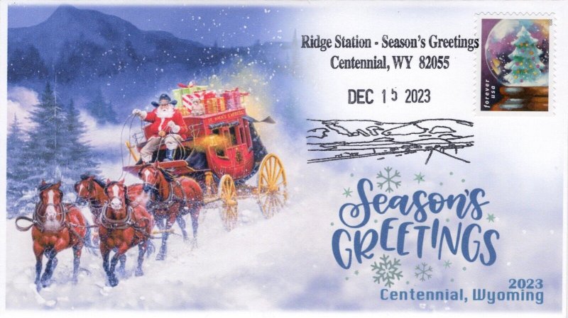 23-268, 2023, Christmas, Event Cover, Pictorial Postmark,  Centennial WY, Santa,