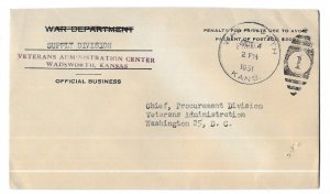 Veterans Administration, Wadsworth, Kansas 1951 Left Over War Dept Penalty Mail