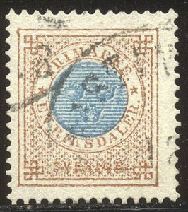 SWEDEN #37 SCARCE Used Signed - 1877 1rd Bistre & Blue