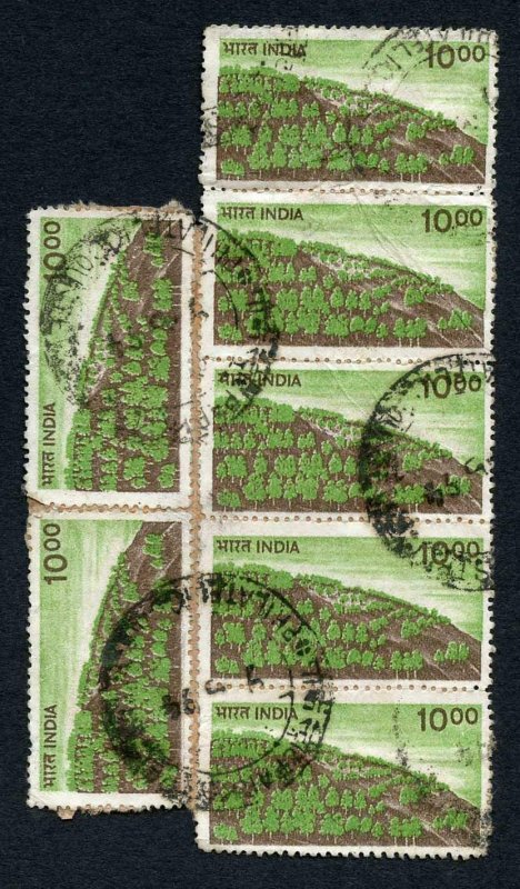 India SG936 10r POSTAL FORGERY x 7 on piece Strip of Four