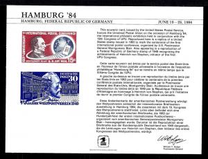 SOUVENIR CARD MINT Hamburg 84 USPS Hamburg Federal Republic of Germany 1984