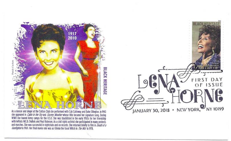 5259 Lena Horne Black Heritage 2018, Panda Cachets, pictorial cancel FDC