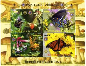 Chad 2008 BUTTERFLIES BEES Lions Rotary Emblem Sheet (4) Perforated Mint (NH)