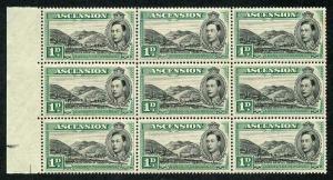 Ascension SG39 1938 1d black and green (Green Mountain Farm) Block of 9