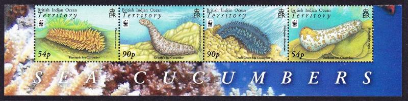 BIOT WWF Sea Cucumbers strip with Animal's Name SG#392-395 MI#470-473 SC#361-364