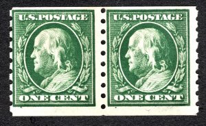 US 1910 1¢ Franklin 8.5 perf Vertical Coil Stamp Pair #386 MH CV $67.50