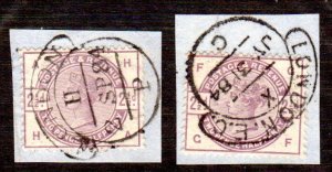 GB 1883-4 SC 101, 2½d, two copies each tied to a different London district