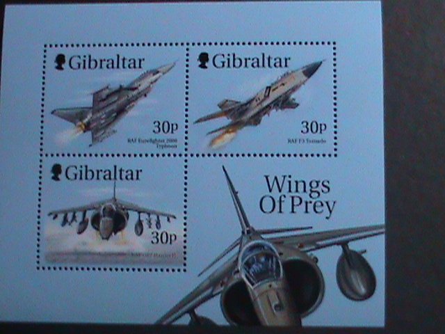 GIBRALTAR-1999- SC#814b WINGS OF PREY-FIGHTER PLANES & RAPTORS MNH S/S-CV-$10