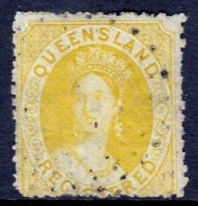 QUEENSLAND — SCOTT F3 (SG 49) — 1865 6d QV REGISTERED P13 — USED — SCV $105