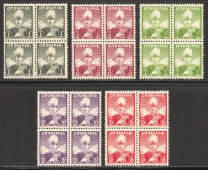 Greenland Scott 1-5 MNHOG Blocks of 4 - 1938 King Christian X - SCV $80.50