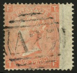 Malta SGZ49 Cat£19, 1865 4p vermilion, Plate 7, used in Malta, A25 cancel