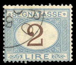 Italy, Postage Dues #J15 Cat$32.50, 1870 2L light blue and magenta, used