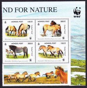 Mongolia WWF Przewalski's Horse Block of 4 WWF Logo 2000 MNH SC#2440 a-d