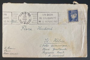 1943 Paris France Cover To St Helier Occupied Jersey Channel Island