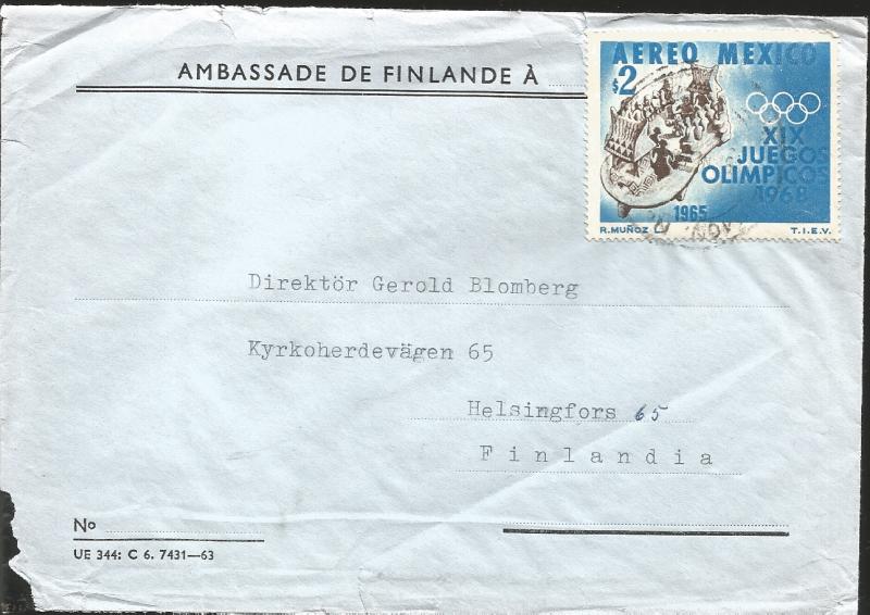 J) 1965 MEXICO, XIX OLYMPIC GAMES, AIRMAIL, CIRCULATED COVER, FROM MEXICO TO FIN